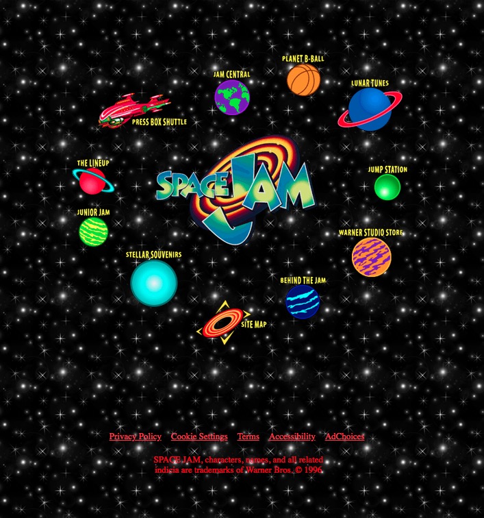 Le design du site de Space Jam, dans un pur esprit des années 90